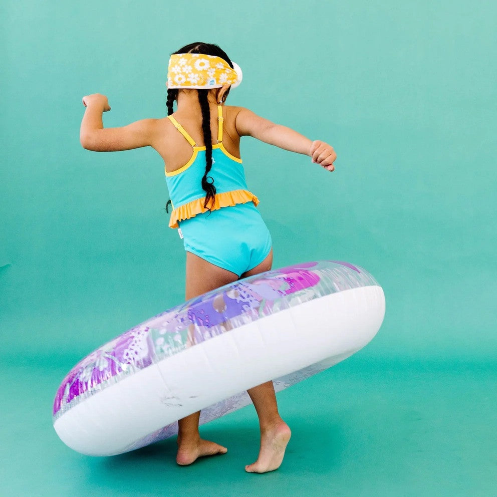 Splash Swim Mask Goggles Daisy Love kids' swim set; blue swimsuit with yellow trim and floral inflatable ring