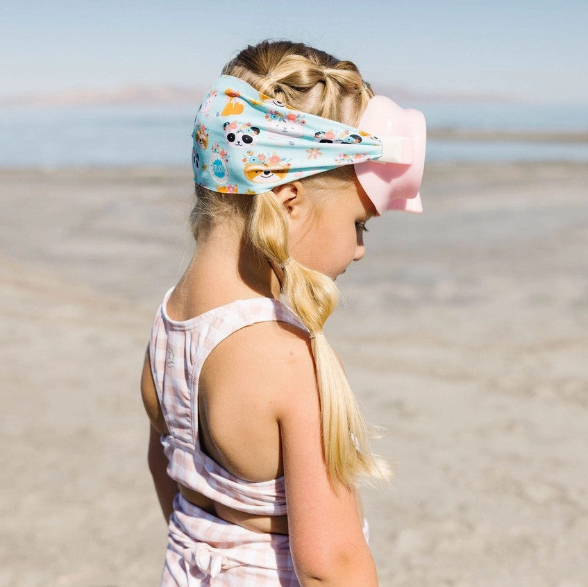 Splash Swim Mask Goggles Forest Friends for kids, blue forest-print headband with pink mask by SPLASH SWIM GOGGLES