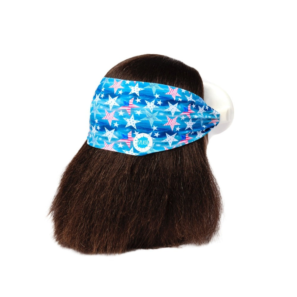 Splash Swim Goggles Merica mask with blue star-print headband on mannequin head
