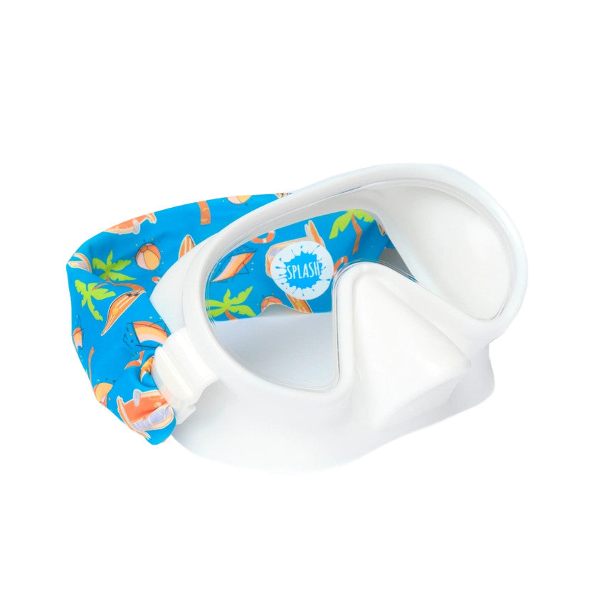 Splash Swim Mask Goggles Surf Trip; white mask with blue tropical-printed strap and Splash logo