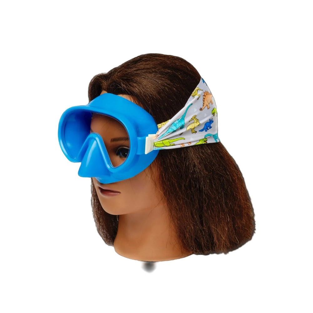 Splash Youth Dino Swim Mask Goggles in Blue with dinosaur-pattern strap.