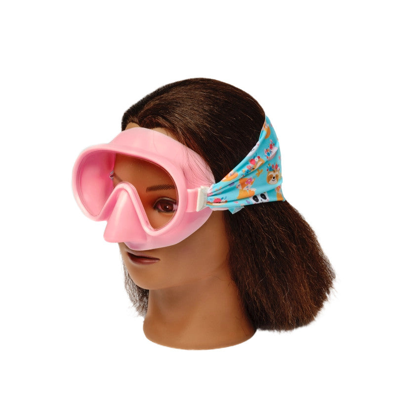 Splash Swim Mask Goggles Forest Friends pink-framed mask with a blue animal-print headband