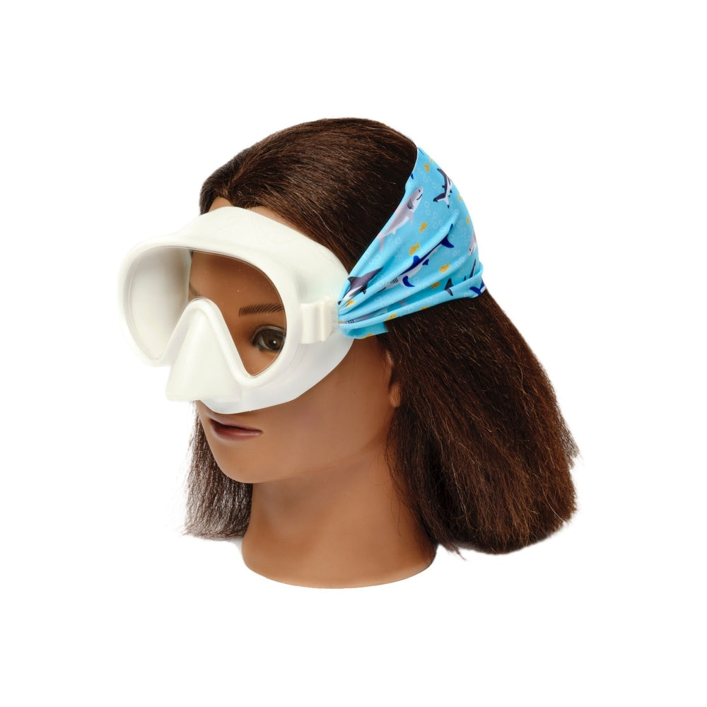 Splash Shark Attack Swim Mask Goggles in White frame with blue shark-print headband