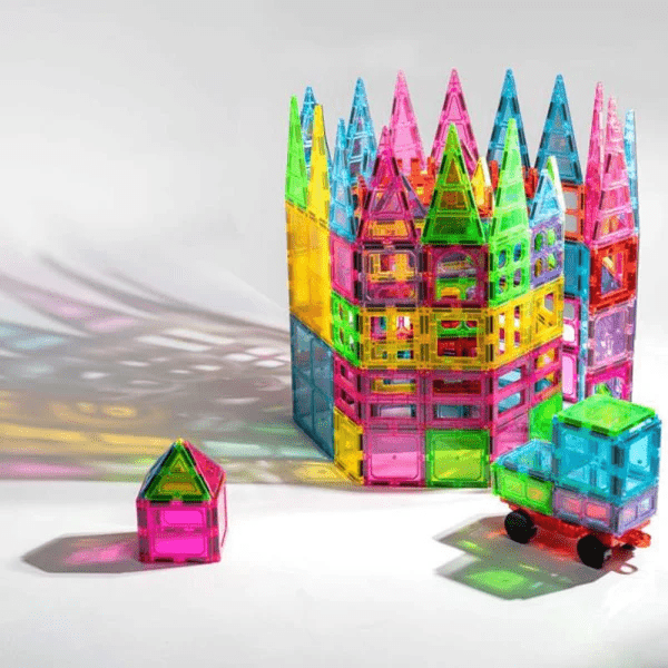 Sprout Tile Magnetic Building Tiles 100pcs, colorful translucent castle set with a pink house and small wagon

