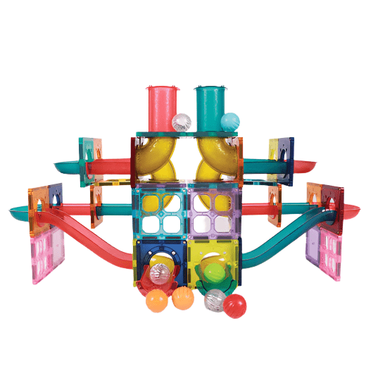 Sprout Tile Race Track magnetic tile set, 176pcs, SPROUT TILE, colorful translucent tracks and balls.