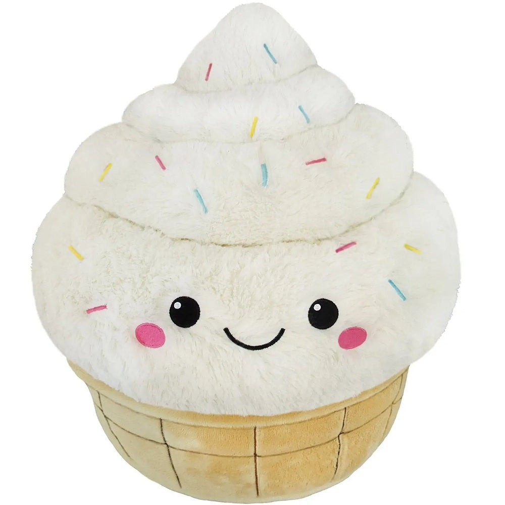 Squishable plush cupcake toy by STORTZ TOYS, white frosting with pastel sprinkles and a smiling face.