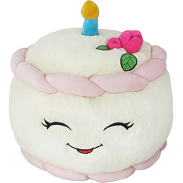 Squishable cupcake plush by STORTZ TOYS, white body with pink frosting braid, candle topper and rose.