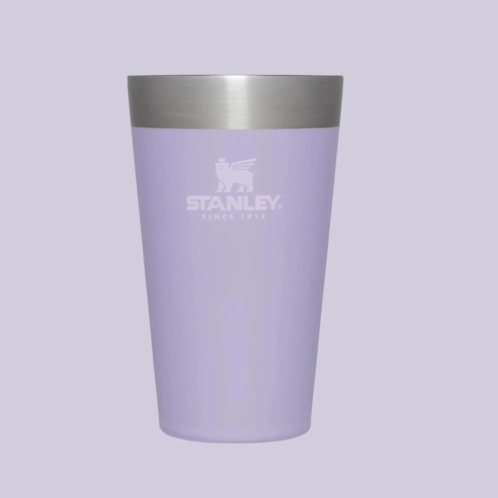 Stanley Adventure Stacking Beer Pint 16 oz lavender tumbler with stainless steel rim.