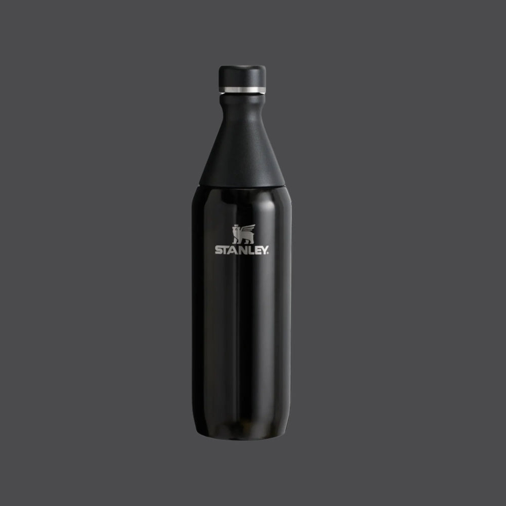 Stanley All Day Slim Bottle 20 oz in black with silver cap, standing upright with logo visible.