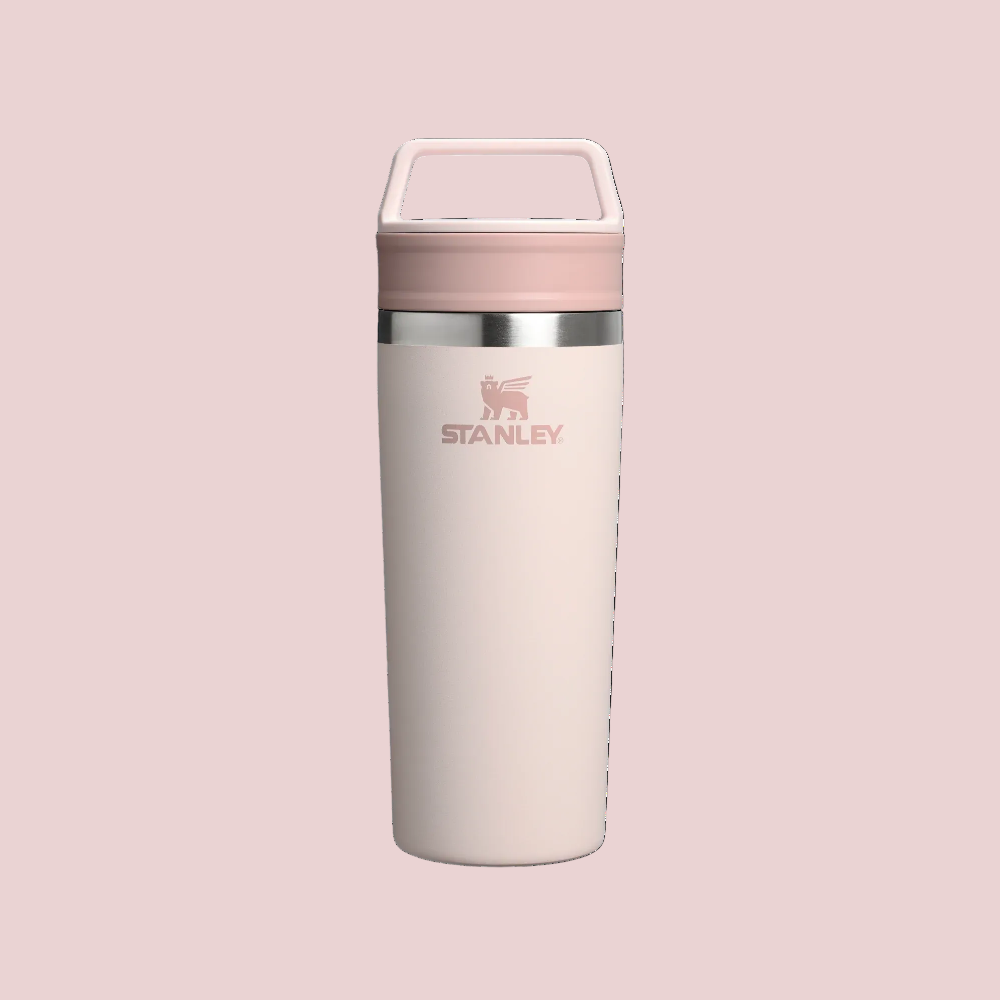 Pink Stanley tumbler on a white background