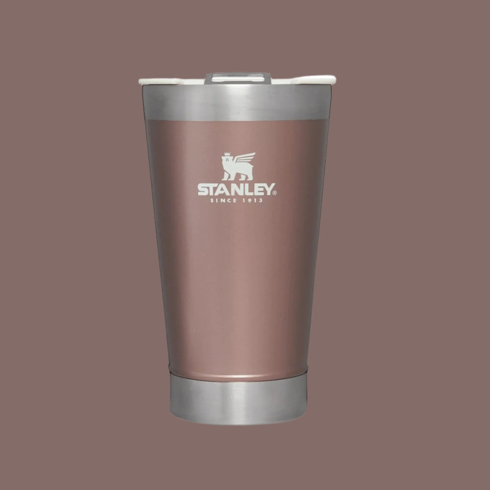 Stanley Classic Stay Chill Beer Pint 16 oz tumbler in copper brown with silver lid, standing upright.
