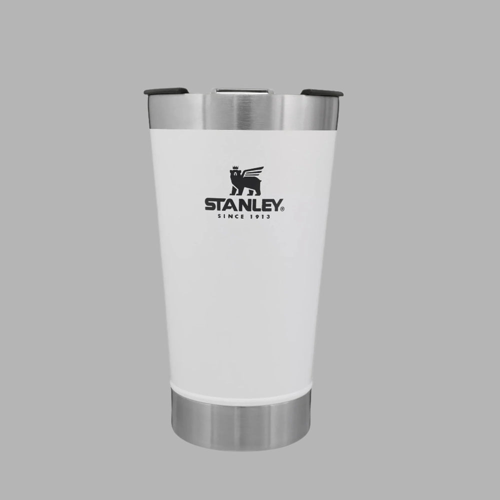 Stanley Classic Stay Chill Beer Pint 16 oz white tumbler standing upright with stainless steel top/bottom, logo visible