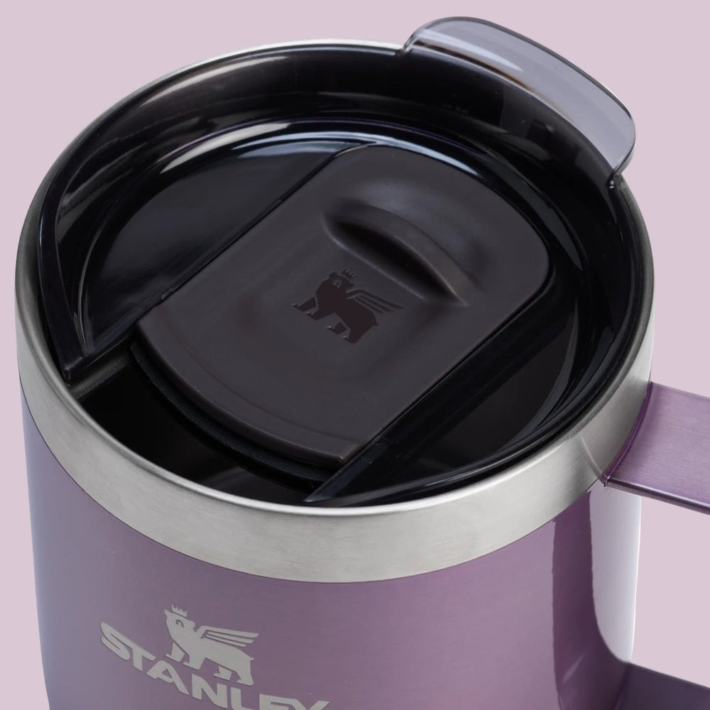 Stanley Classic Stay-Hot Camp Mug 12 oz in purple stainless steel with a black flip lid for on-the-go sipping.