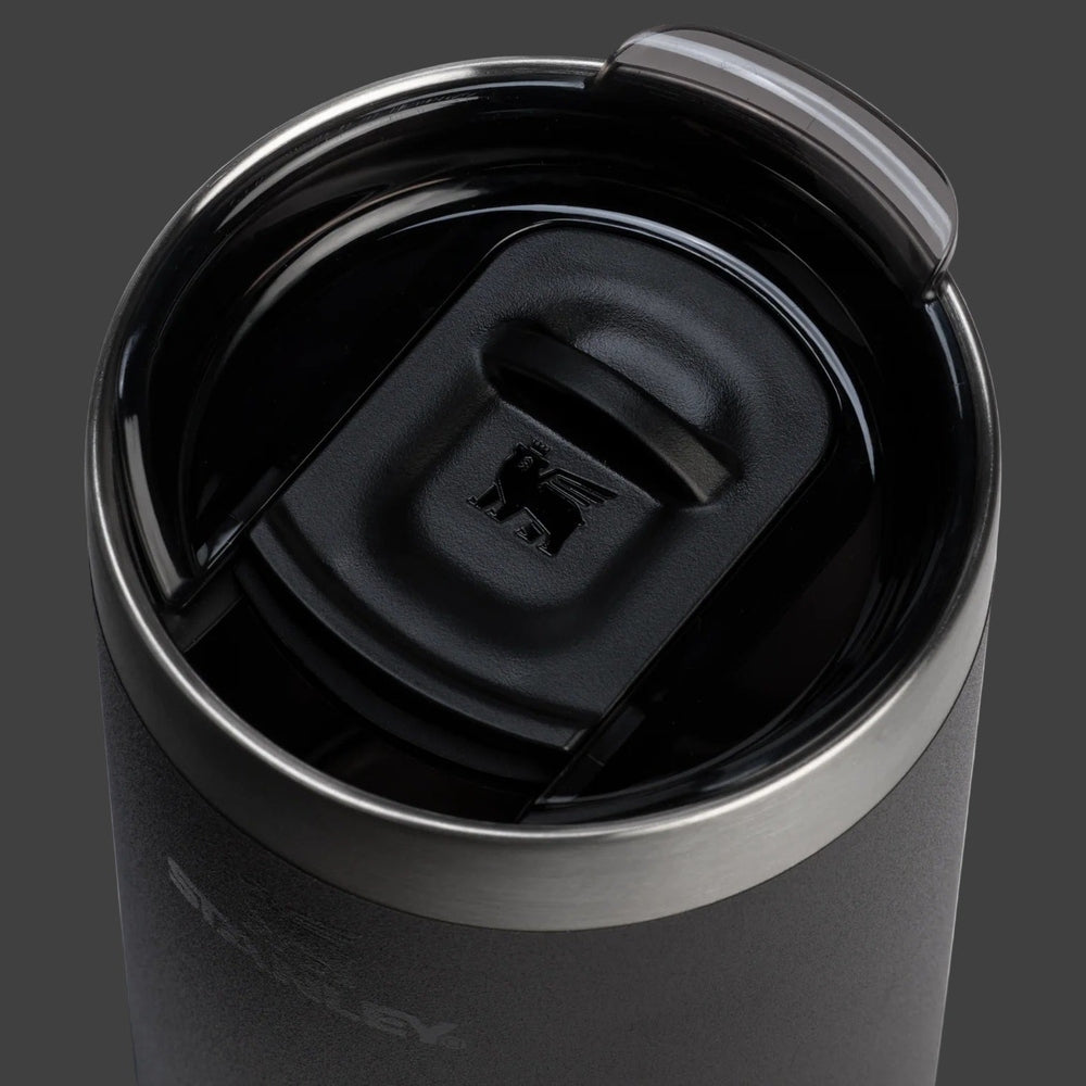 Stanley Classic Stay-Hot Camp Mug 24 oz black stainless steel; secure lid, shown with lid open.