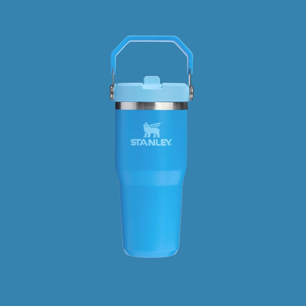 Stanley Iceflow 2.0 Flip Straw Tumbler 14oz water bottle in bright blue, with the raised blue carry handle.