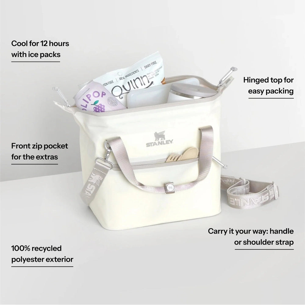 Stanley All Day Julienne Mini Cooler 7.4 Qt tote, white recycled-polyester exterior with reinforced handles