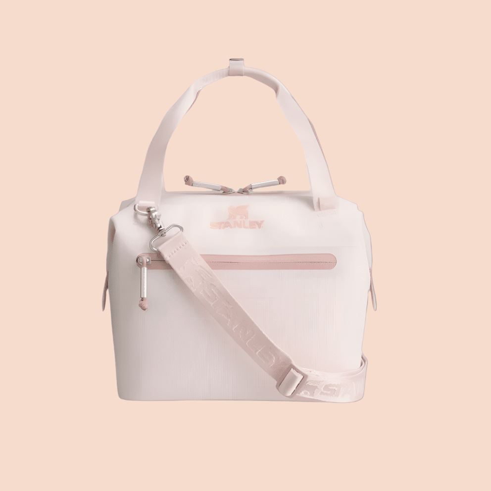 Stanely All Day Julienne Mini Cooler 7.4 Qt in pale pink and white with detachable shoulder strap