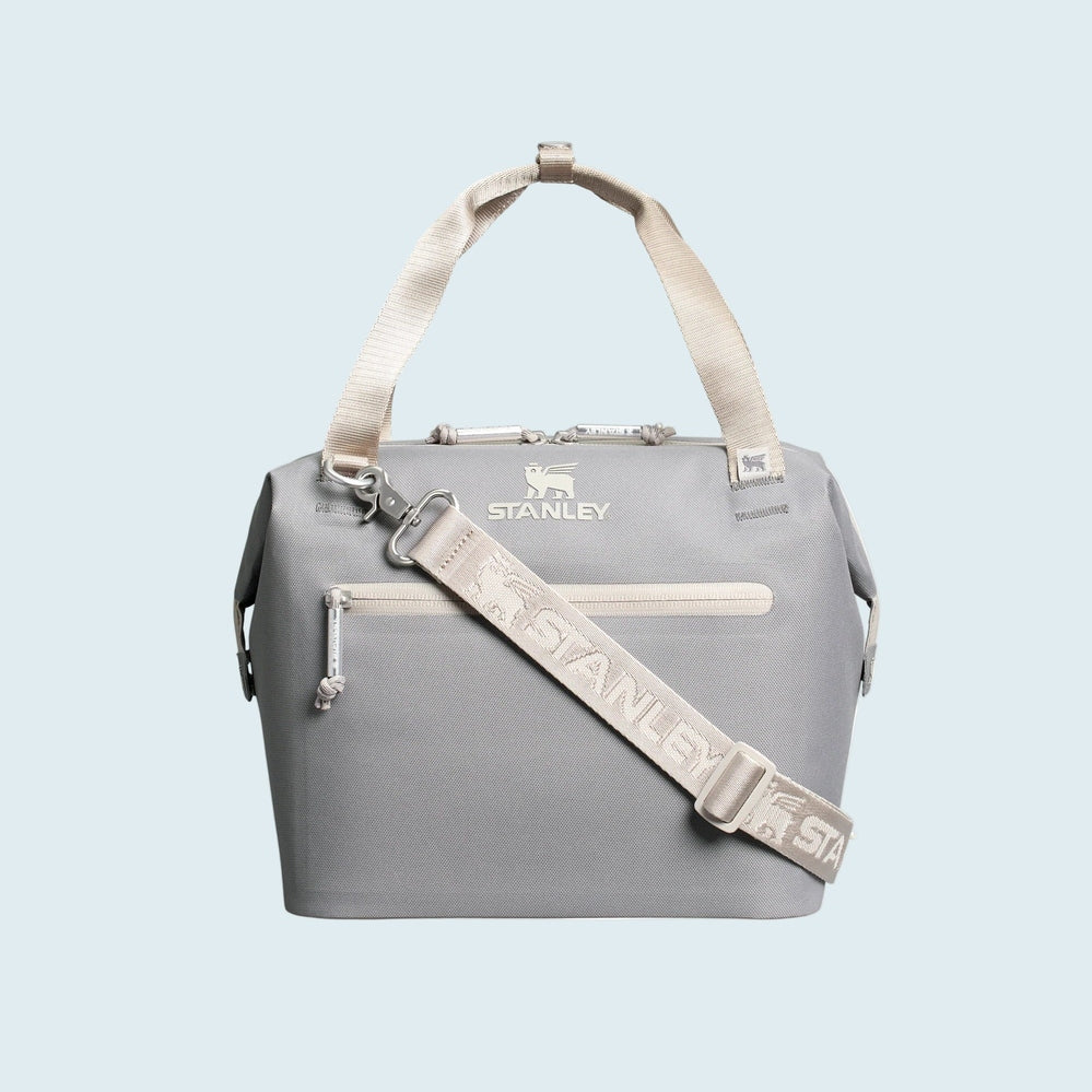 Stanley All Day Julienne Mini Cooler 7.4 Qt in gray with beige handles and crossbody strap