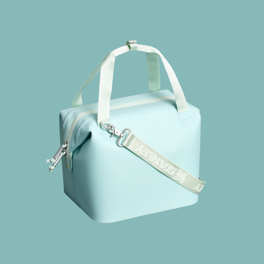 Stanely All Day Julienne Mini Cooler 7.4 Qt in light blue with white handles and strap