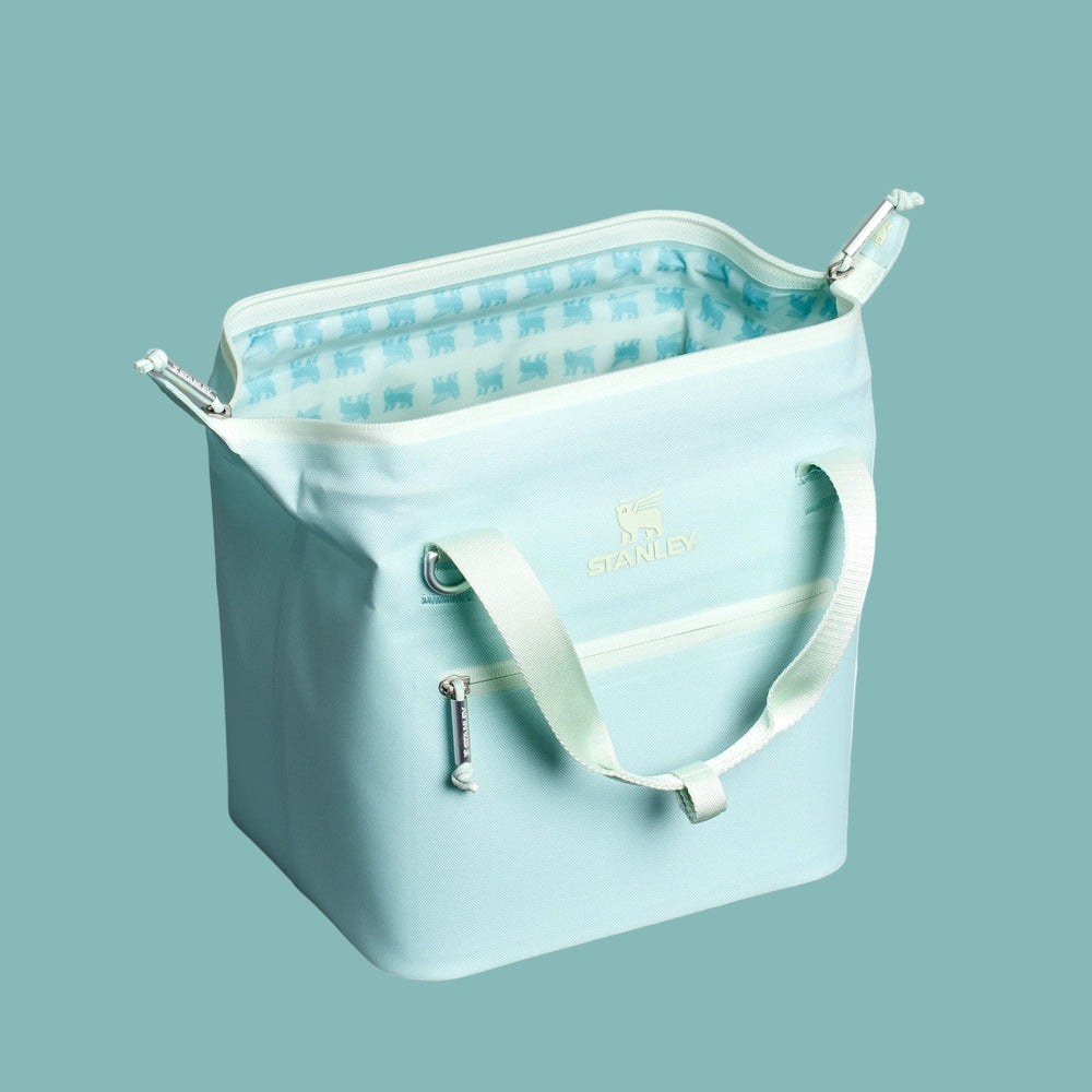 Stanley All Day Julienne Mini Cooler 7.4 Qt in mint with white handles and patterned interior