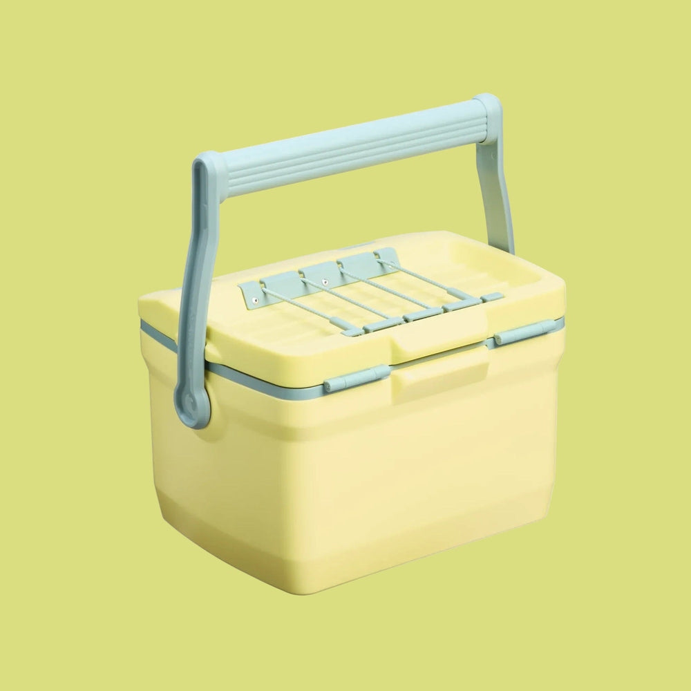 STANLEY Easy Carry Lunch Cooler 7 Qt, yellow with blue handle raised, showing built-in lid latches