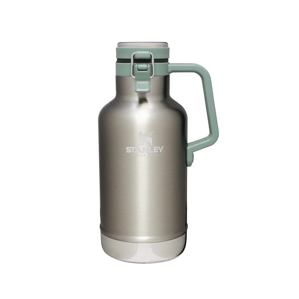 Stanley The Easy-Pour Growler 64 oz stainless bottle with mint-green lid and handle; latch-secured cap for easy pouring.