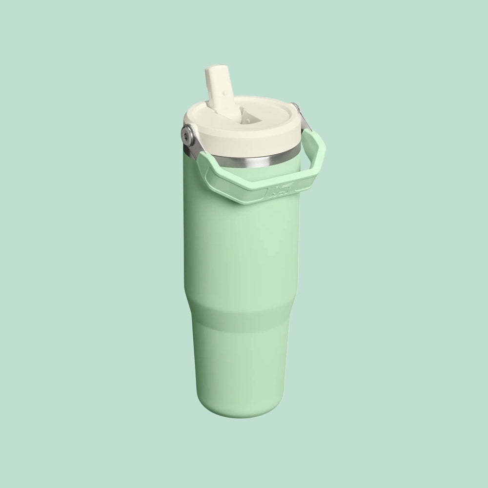 Stanley The Iceflow Flip Straw 2.0 Tumbler 30 oz in mint green with white lid, flip straw up and handle.
