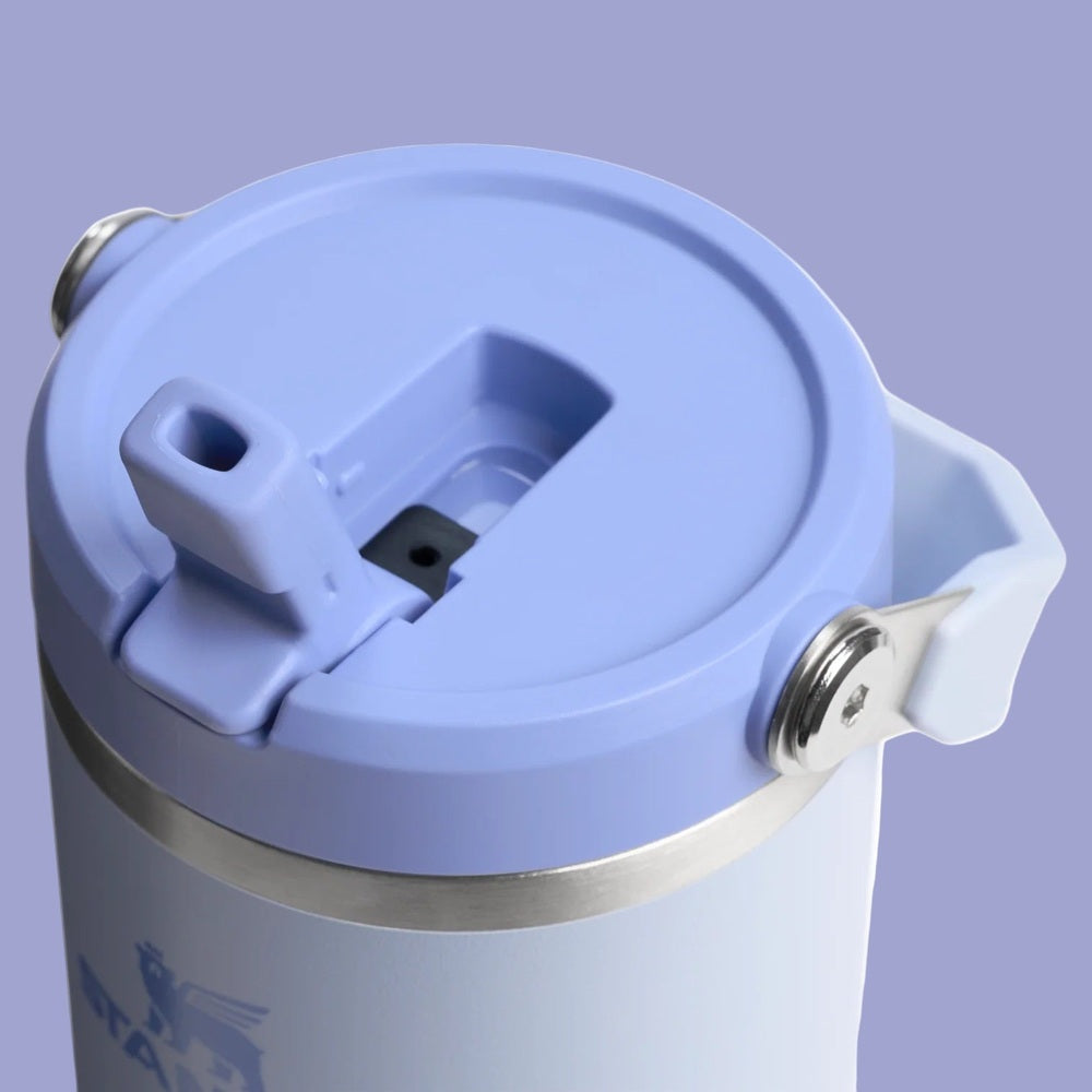 Stanley The IceFlow Flip Straw 2.0 Tumbler 30 oz with lavender lid, demonstrating the flip straw mechanism.
