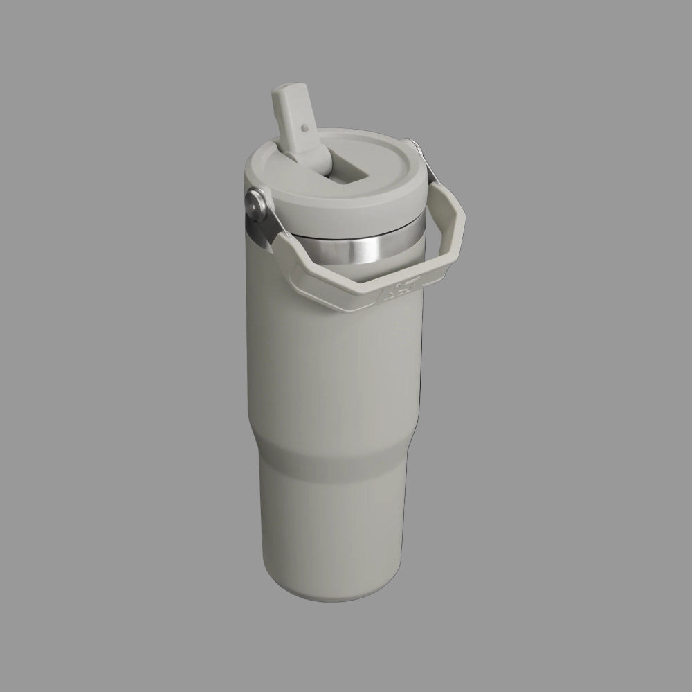 Gray water bottle with straw lid on a white background