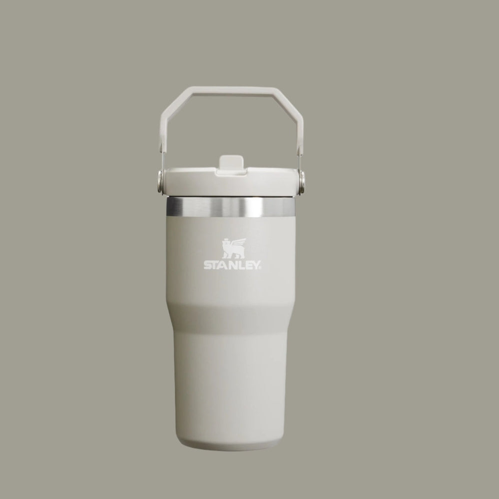 Stanley IceFlow flip-straw tumbler, 20 oz, white with stainless steel band and carry handle