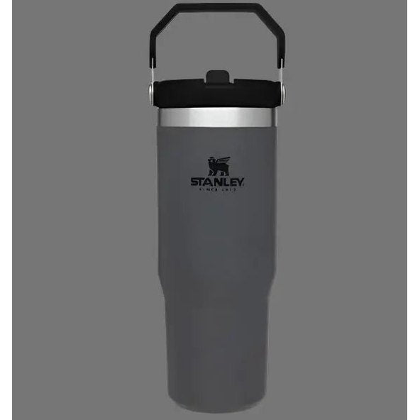 Stanley The Iceflow Flip Straw Tumbler 30 oz; gray body with flip straw lid and black carry handle shown upright.