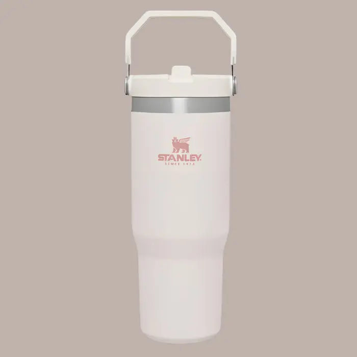 Stanley The Iceflow Flip Straw Tumbler 30 oz white with pink logo and flip-top lid with carry handle
