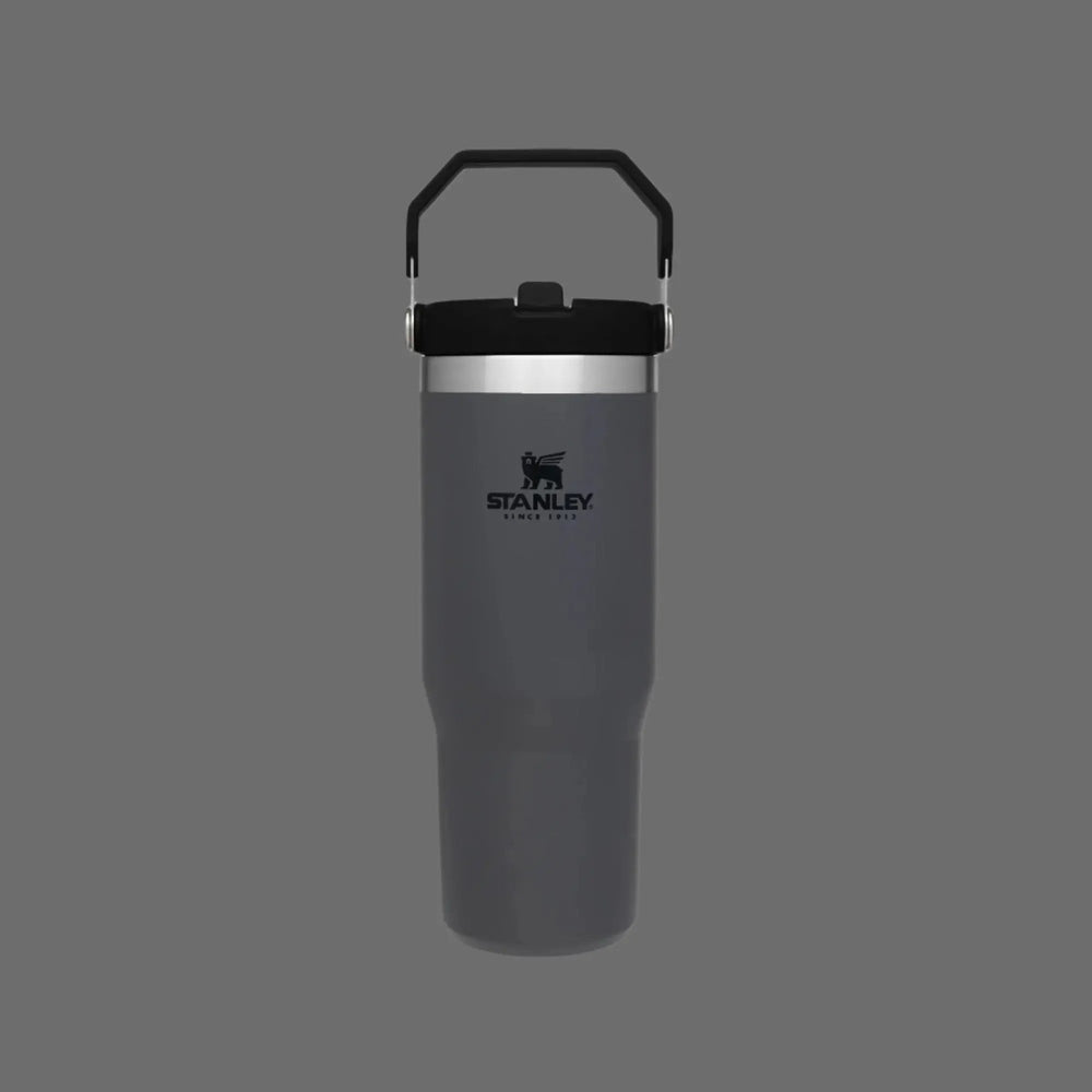 Stanley IceFlow Flip Straw Tumbler 30 oz in gray, upright with black flip-top lid and easy-grip carry handle.