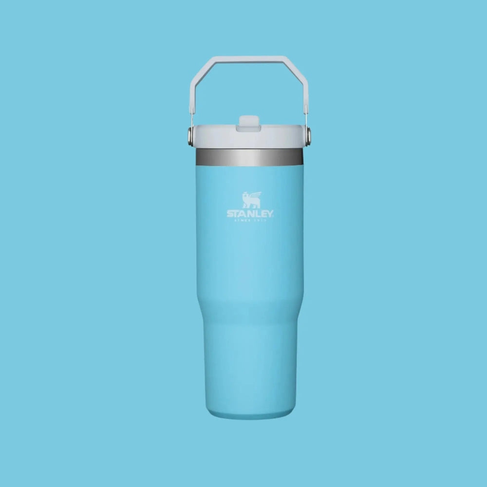 Stanley The Iceflow Flip Straw Tumbler 30 oz in sky blue with white lid; carry handle and flip-ready straw.