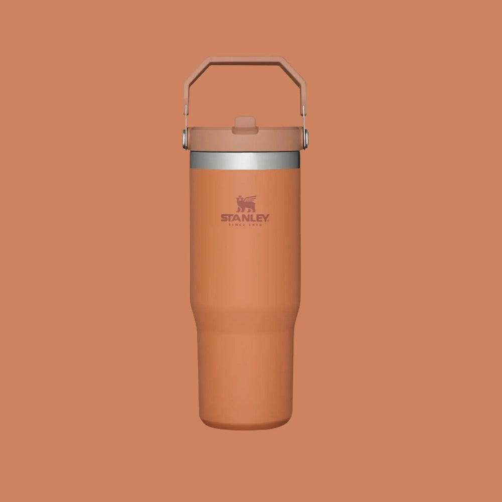 Stanley Iceflow Flip Straw Tumbler 30 oz orange, showing built-in carry handle and flip straw ready for use