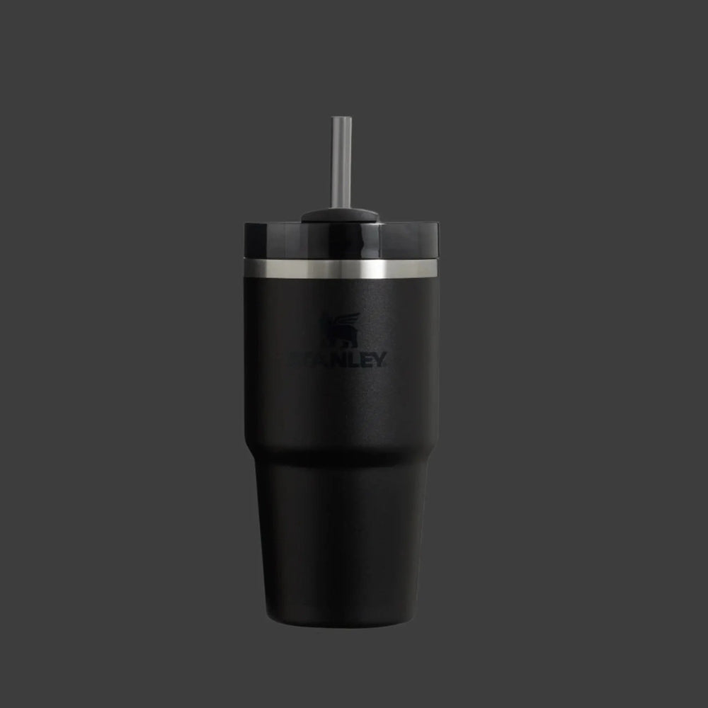 Stanley The Quencher H2.0 Flowstate Tumbler 20 oz, black with straw lid, straw extended.