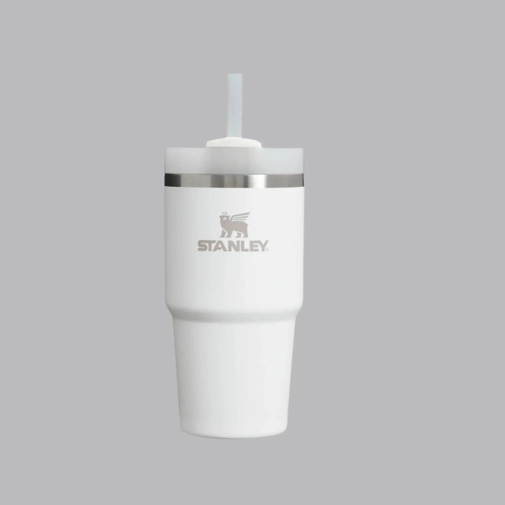 Stanley The Quencher H2.0 FlowState Tumbler 20 oz white with straw and stainless band.