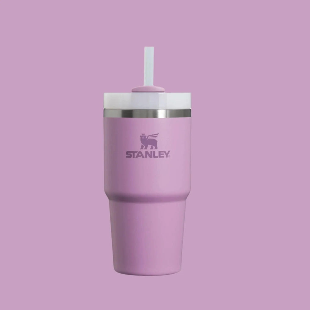Stanley The Quencher H2.0 Flowstate Tumbler 20 oz in pink with white lid and straw for sipping.