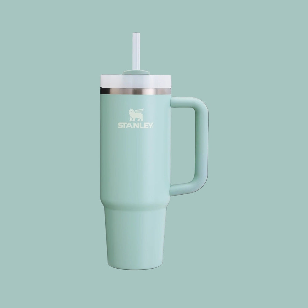 Stanley The Quencher H2.0 Flowstate Tumbler 30 oz in mint green with straw and easy-grip handle.