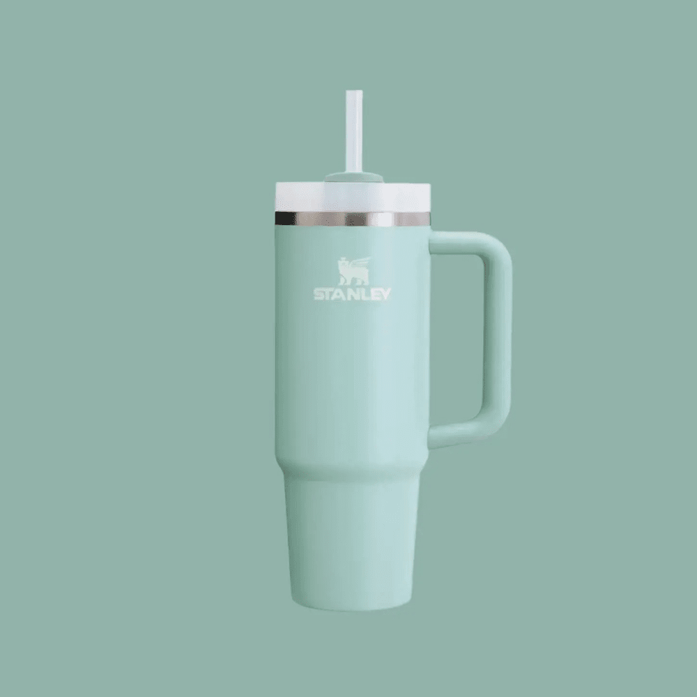 Stanley The Quencher H2.0 Flowstate Tumbler 30 oz in mint green with straw and sturdy handle, ready for on-the-go sips