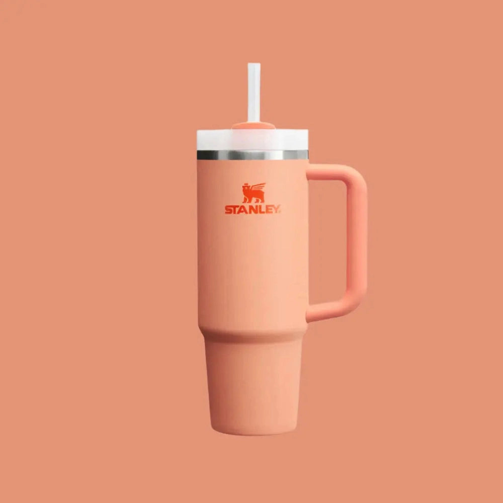 Stanley Quencher H2.0 Flowstate 30 oz tumbler in coral pink with straw, lid, and side handle.