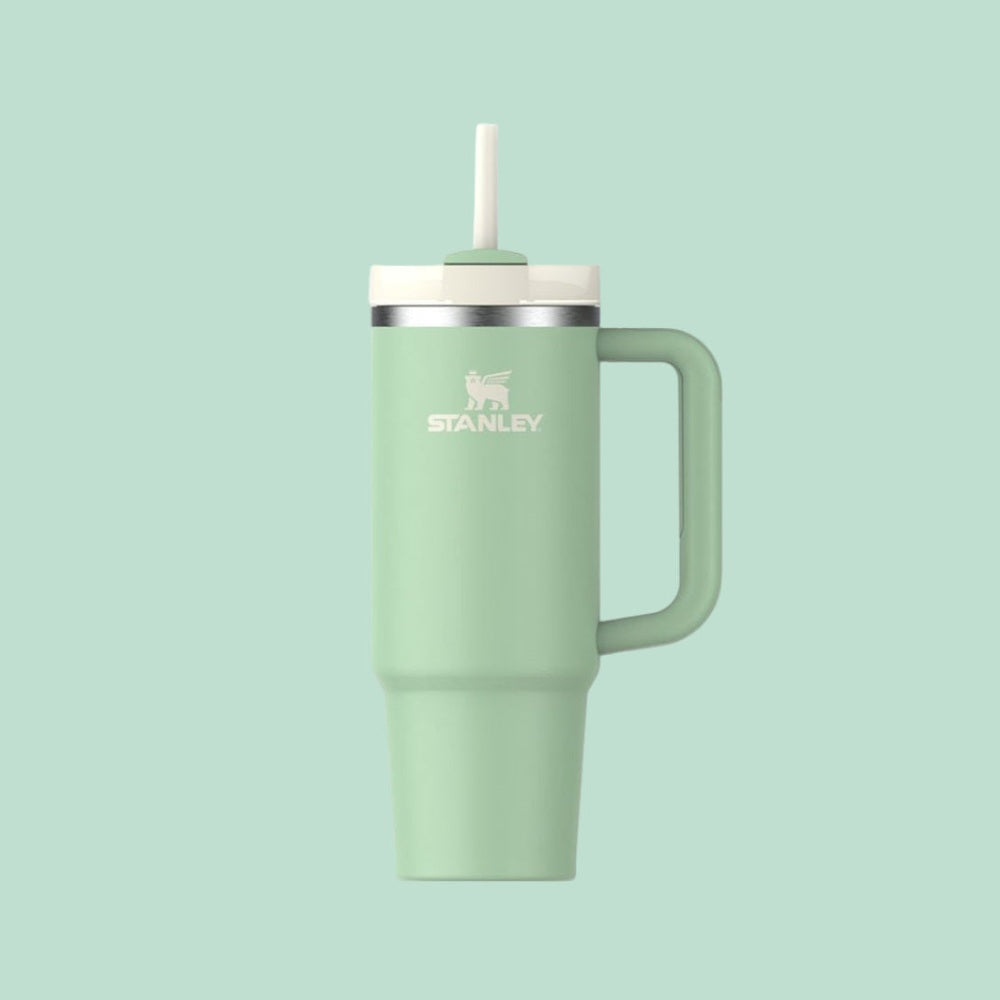 Stanley The Quencher H2.0 Flowstate 30 oz tumbler in mint green with straw inserted for sipping and a sturdy handle.