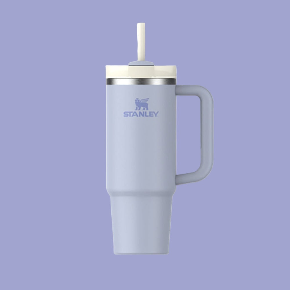 Stanley The Quencher H2.0 Flowstate 30 oz tumbler with light blue body, handle, straw lid for sipping.