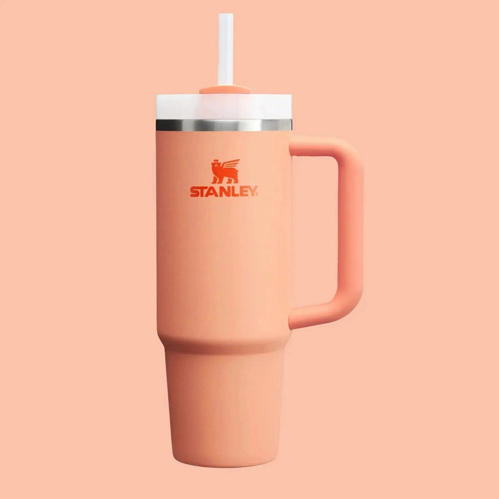 Stanley The Quencher H2.0 Flowstate Tumbler 30 oz in peach with straw, handle, and lid for easy sipping.