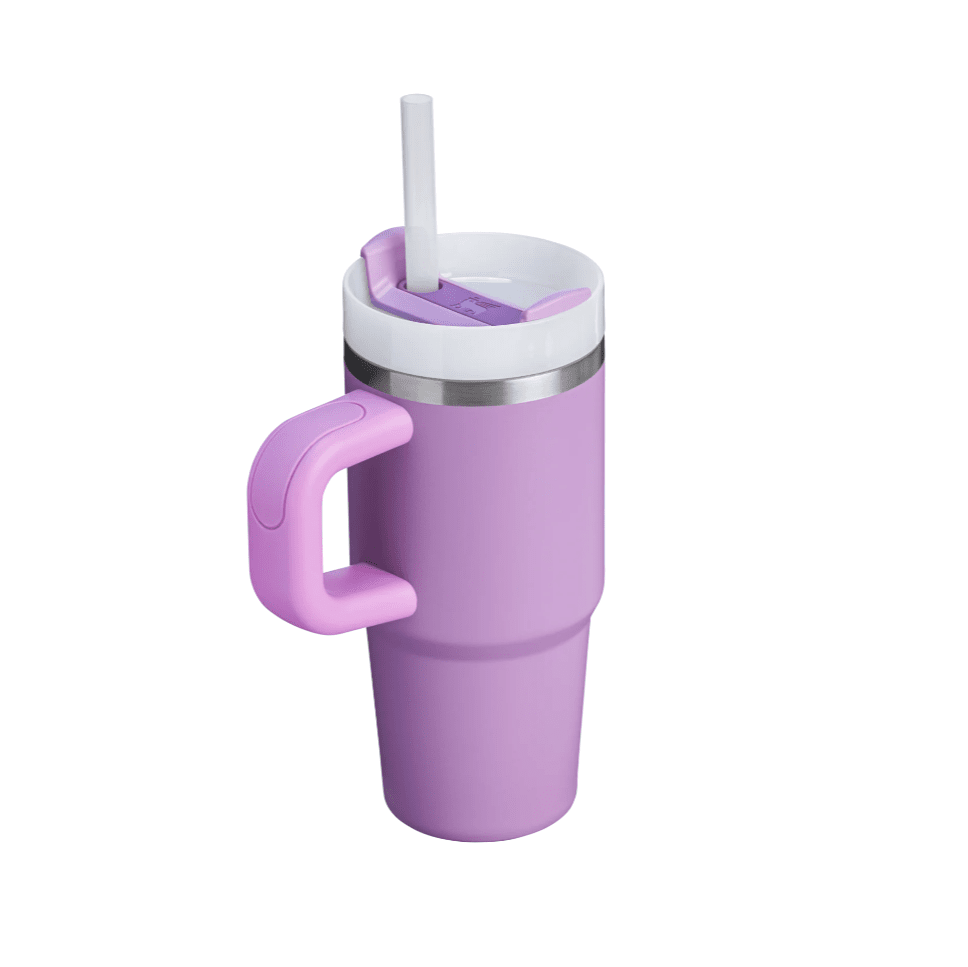 Stanley The Quencher H2.0 Flowstate tumbler with handle, 20 oz, lavender body with pink handle and white lid