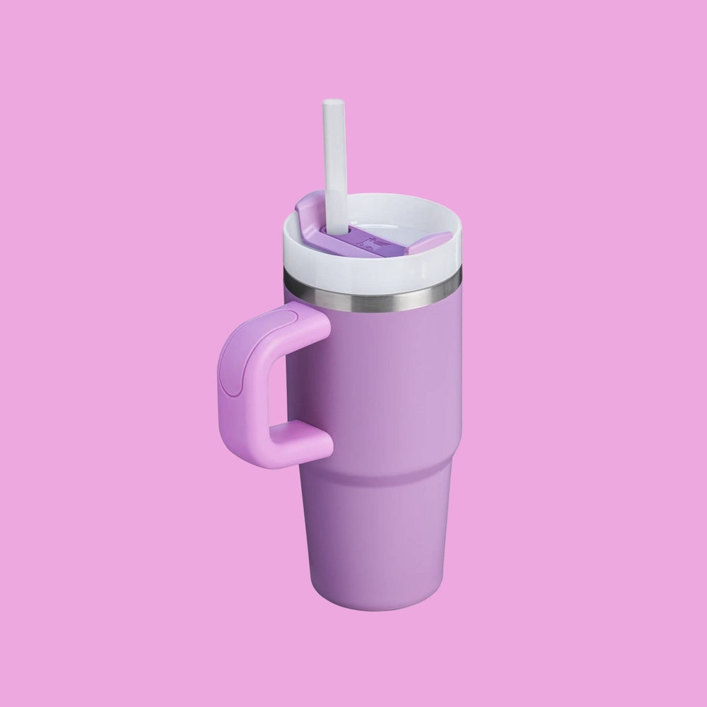 Stanley Quencher H2.0 Flowstate 14 oz tumbler with pink handle and purple body