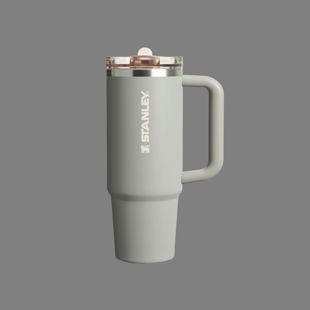 Stanley The Quencher Protour Flip Straw Tumbler 30 oz in pale sage, pink flip lid with straw, sturdy integrated handle.