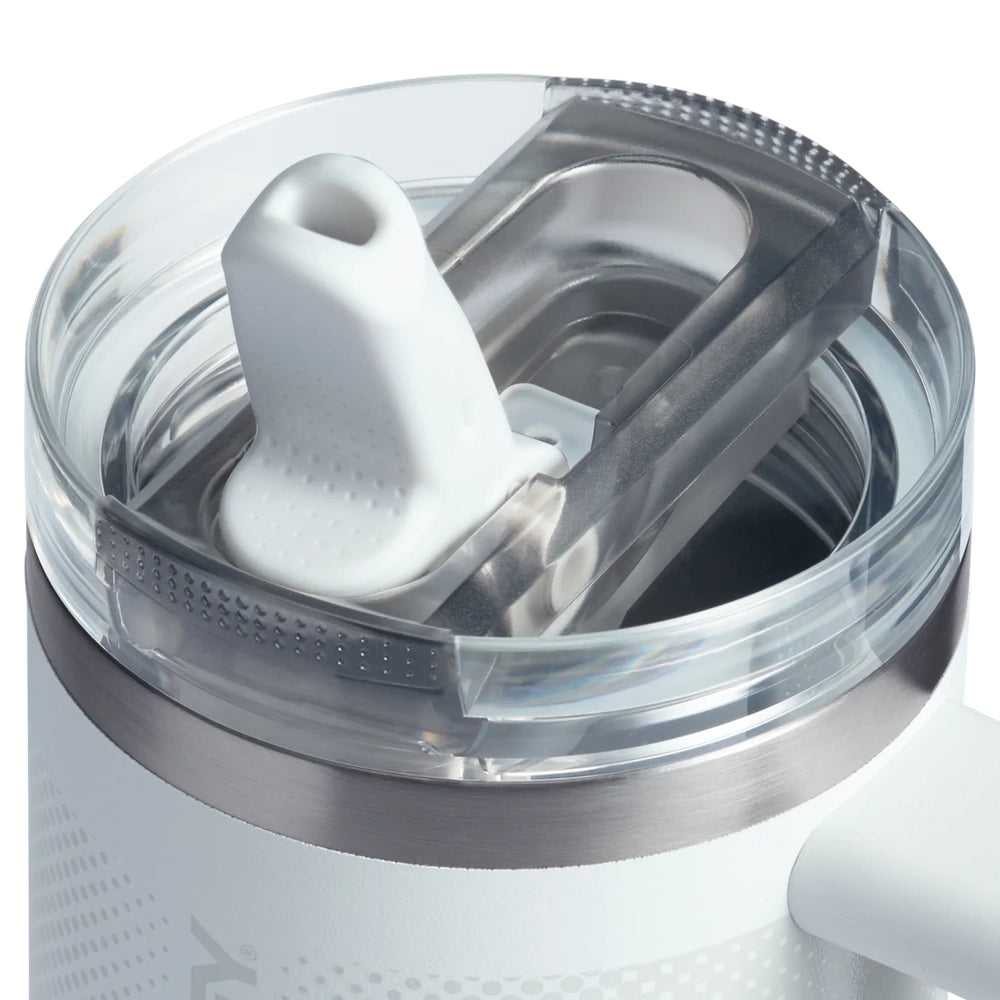 Stanley The Quencher ProTour Flip Straw Tumbler 14 oz, white with clear lid, showing the flip straw in use.
