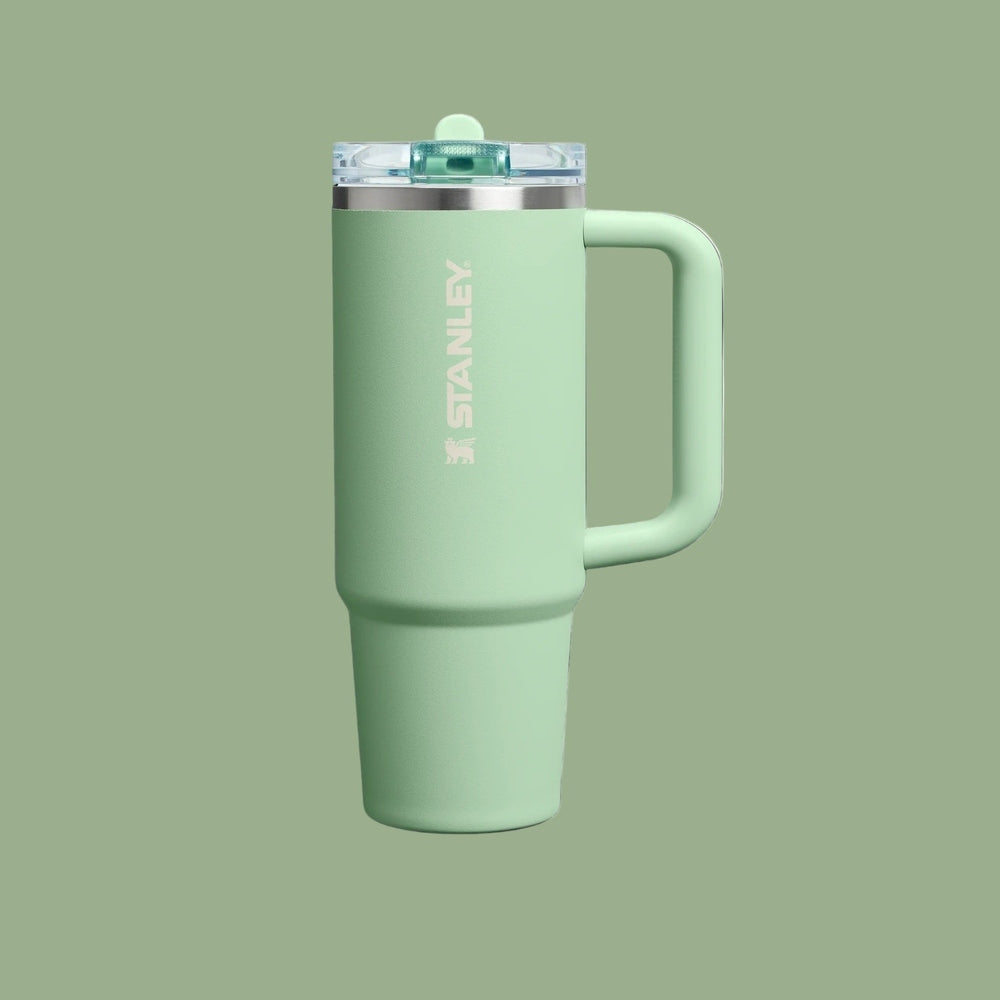 Stanley The Quencher Protour Flip Straw Tumbler 30 oz in mint green with a clear flip-top lid and side handle