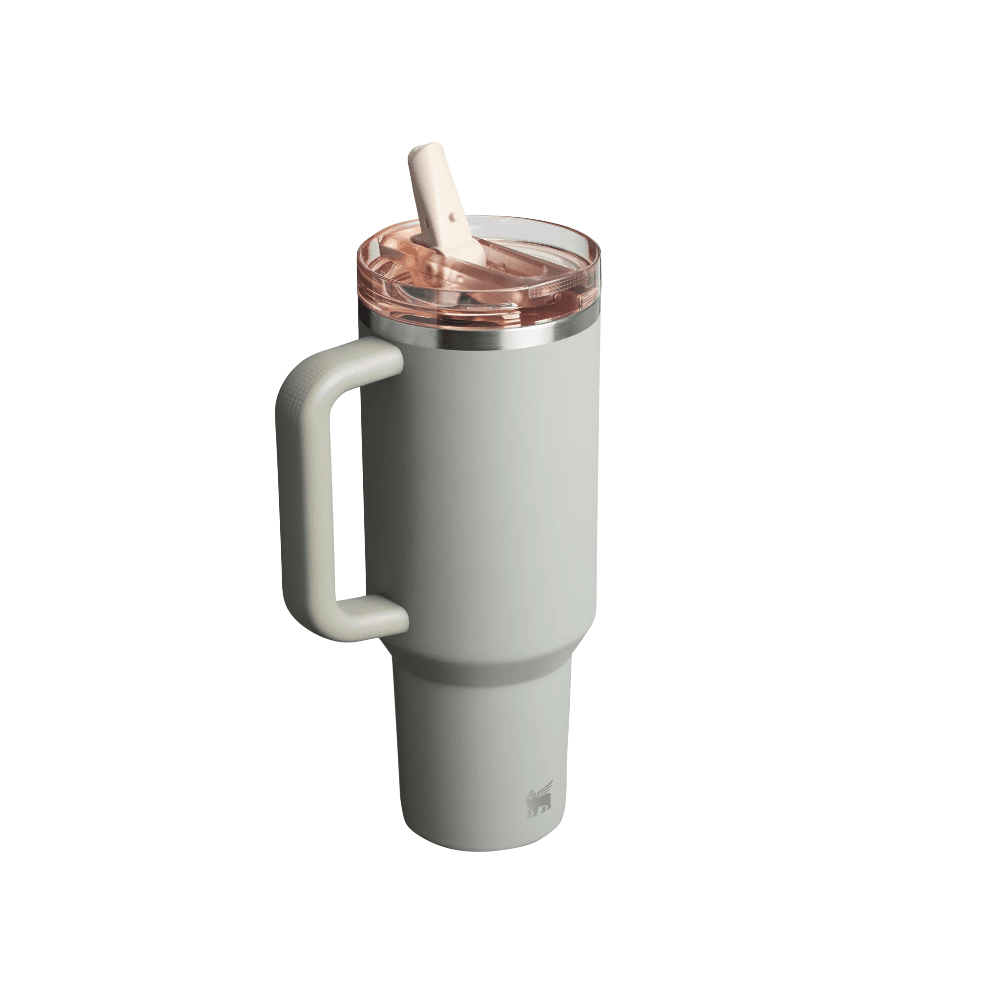 Stanley Quencher ProTour Flip Straw Tumbler 40 oz, pale gray body with pink lid and cream straw
